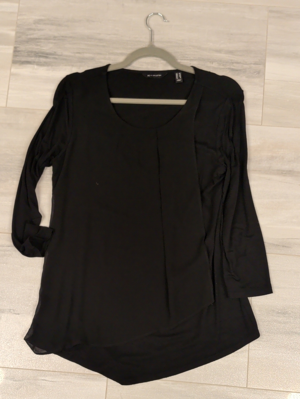 Black Long Sleeve Scoop Neck Tunic Top Gauze Overlay
